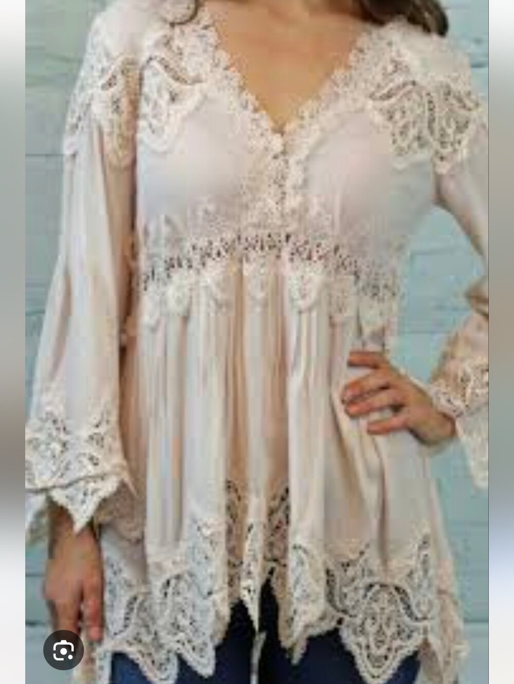 Lace-Trim V-Neck Blouse in White With Bell Lace Long Sleeves